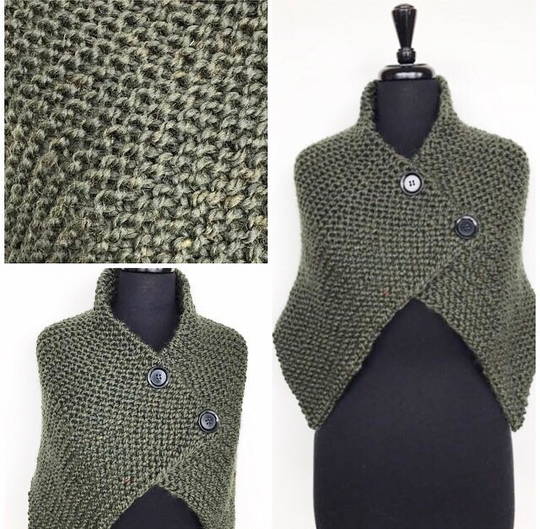 Handmade Knitted Wool Blend Shawl With 2 Button Closures in Olive Green Flecks Of Orange & Gold