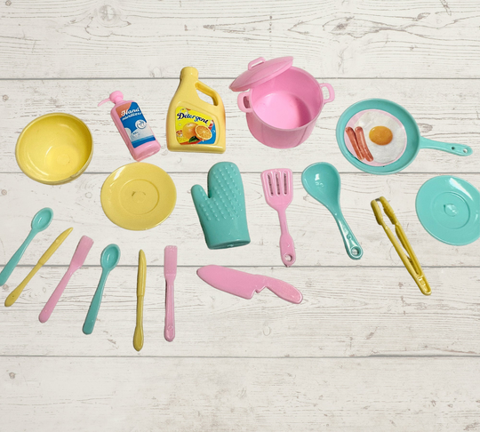 20Pcs. Adorable Barbie Cooking Set-Utensils, Pots, Plates, Oven Mitt, Etc.-Mini Toys For Dolls