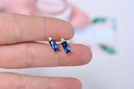 Sapphire Gold Studs| Sapphire Baguette Blue Earrings| Earrings