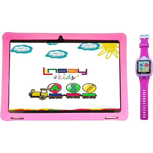 Linsay 10.1" Tablet with Case and Smartwatch, WiFi, 2GB RAM, 32GB Storage (Android 11), Black/Pink (F10IPKPWP)