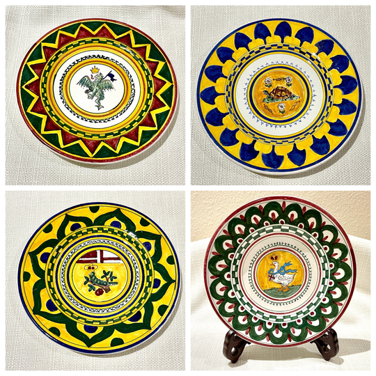 Set Of 4 Palio Di Siena 8 1/4" Plates, Contrade Del Bruco, Tartuca, Drago, & Oca, Hand Painted in Italy