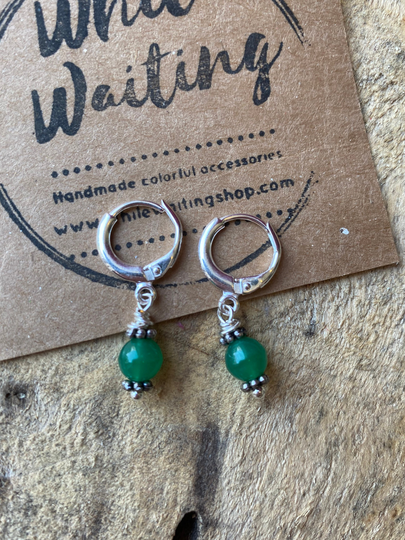 Small Emerald Green Stone Hoop Earrings/Silver Semi Precious