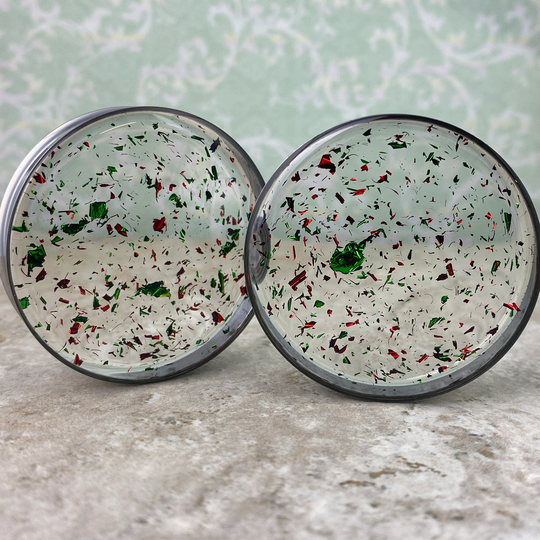 Embedded Red/Green Christmas Flakes Resin Plugs | Rp-202 00G, 7/16, 1/2, 9/16, 5/8, 3/4, 7/8, 1", 28mm, 32mm, 35mm, 38mm, 42mm, 45mm, 47, 50