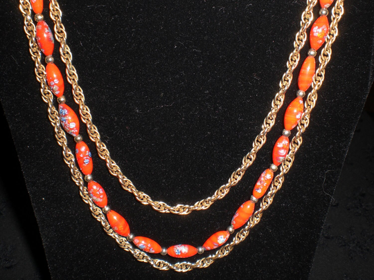 Vintage 1960S To 1970S Napier Red/Orange/White Glass Beads & Rope Chains Gold Tone Multistrand Necklace Millefiori