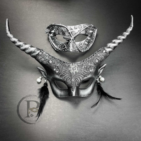 Ram Horns, Couples Masquerade Masks, His & Hers Steampunk Masks For Men & Women, Silver Chrome Mask Party