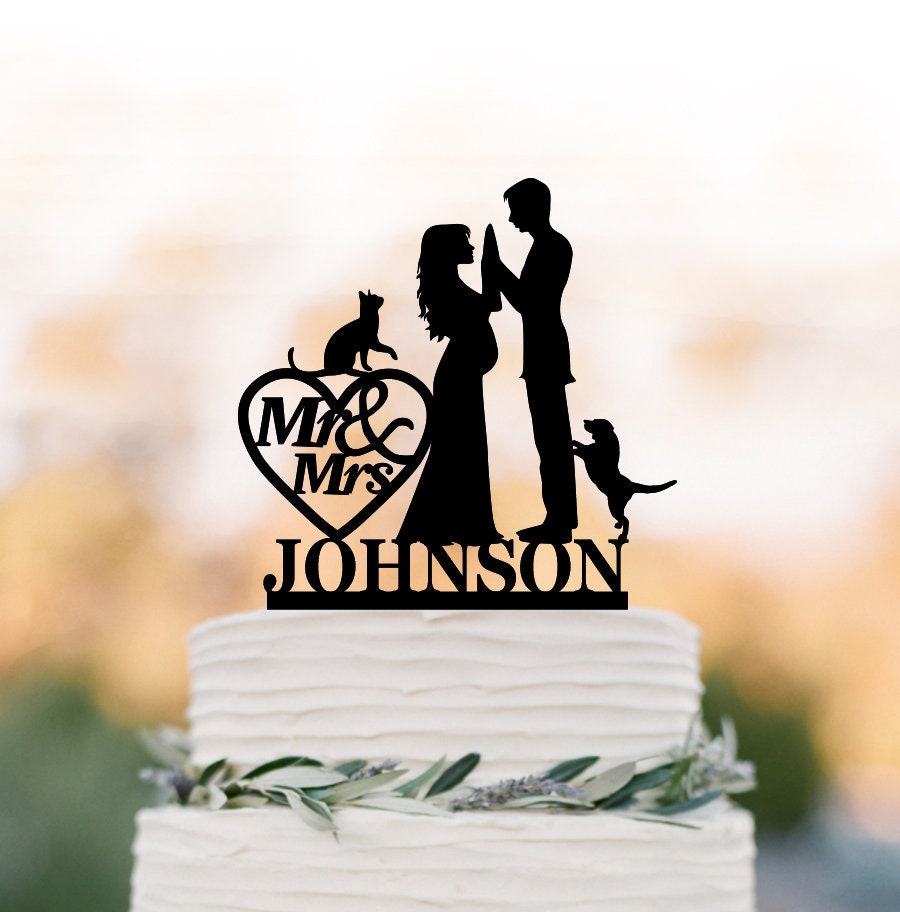 Pregnant Bride Wedding Cake Topper With Name & Dog, Bride Groom Silhouette , Cake Decor, Cat Dog Mr Mrs