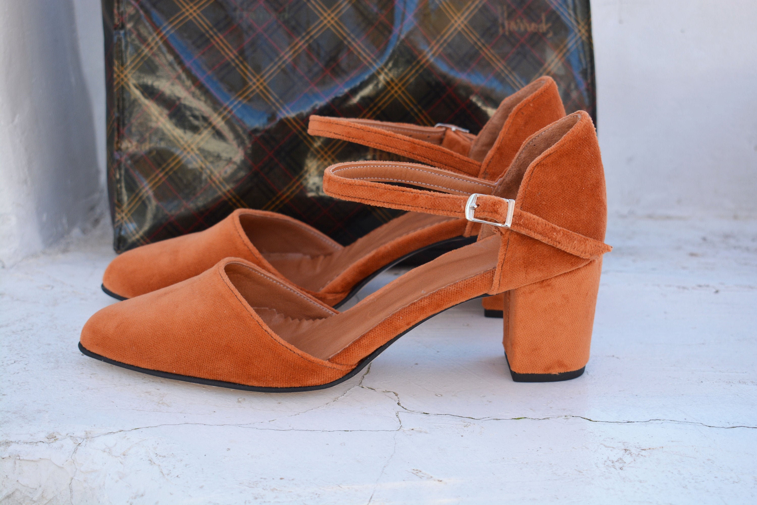 Burned Orange Velvet Block Heels, Pointed Toe Pumps, Shoes, Wedding Pumps "'melisa''