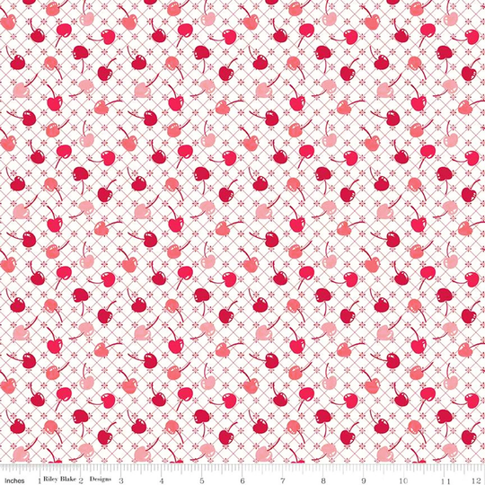 Retro Kitchen Fabric, Cherries, Riley Blake Cook Book C11758 Red, Cherry Reproduction Feedsack Quilt Fabric By The Yard, 100% Cotton