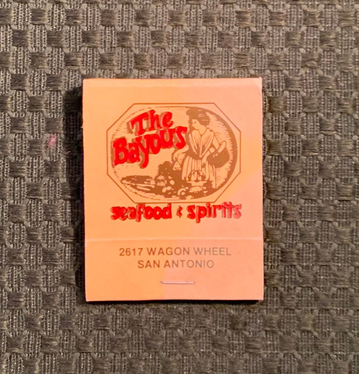 Vintage Matchbook, The Bayous, Seafood, Restaurant, San Antonio, Texas, with 20 Match Sticks, Free Ship in Usa