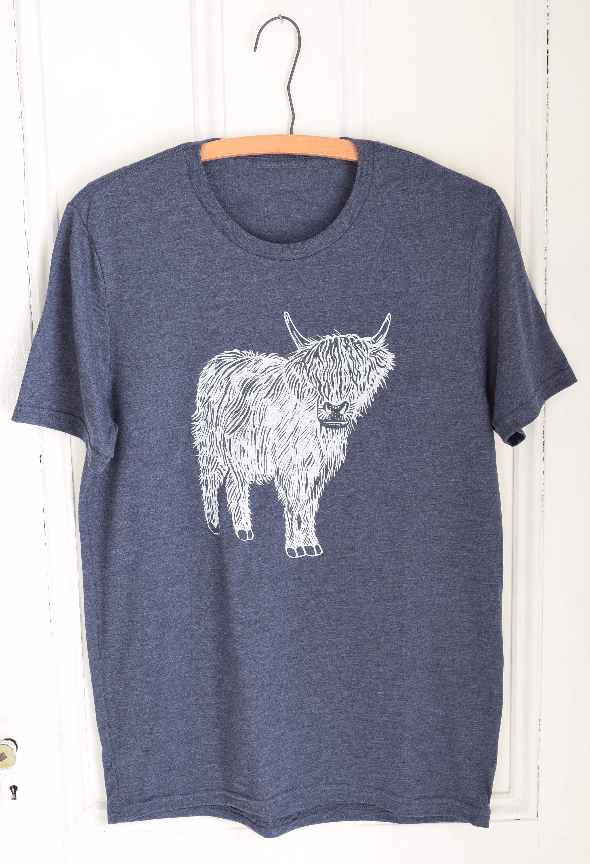 Womens Highland Cow T Shirt - Organic Cattle Tee Tri-Blend Farm Animal Women's T-Shirts Scottish T-Shirt Blue