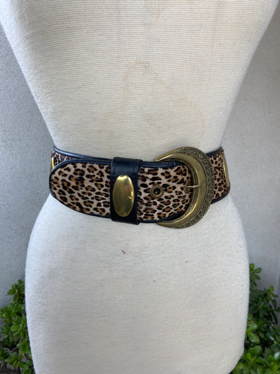 Vintage Kitsch Glam Waist Belt Black Fair Leather Faux Leopard Fur Brass Buckle Accents Fits 26"-29" Treasures Ca