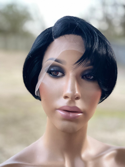 Human Hair Blend Wig Jet Black Color 1 Short Pixie Cut Haircut Wig With Side Swept Bangs Lace Front