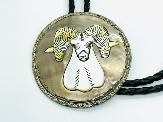 Effie Qualo Vintage Sterling Silver Ram's Head Mother Of Pearl Zuni Bolo Tie