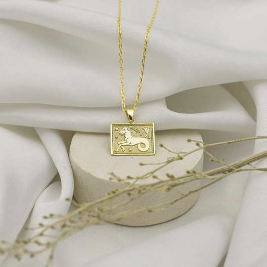 Capricorn Zodiac Necklace 14K Real Gold - Personalized Jewelry Tiny Astrology Necklace Yellow Charm -Birthday Gifts