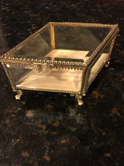 Large Gold Ormolu, Beveled Glass, Rectangle Diamond Shaped, Footed Jewelry Trinket Box Casket