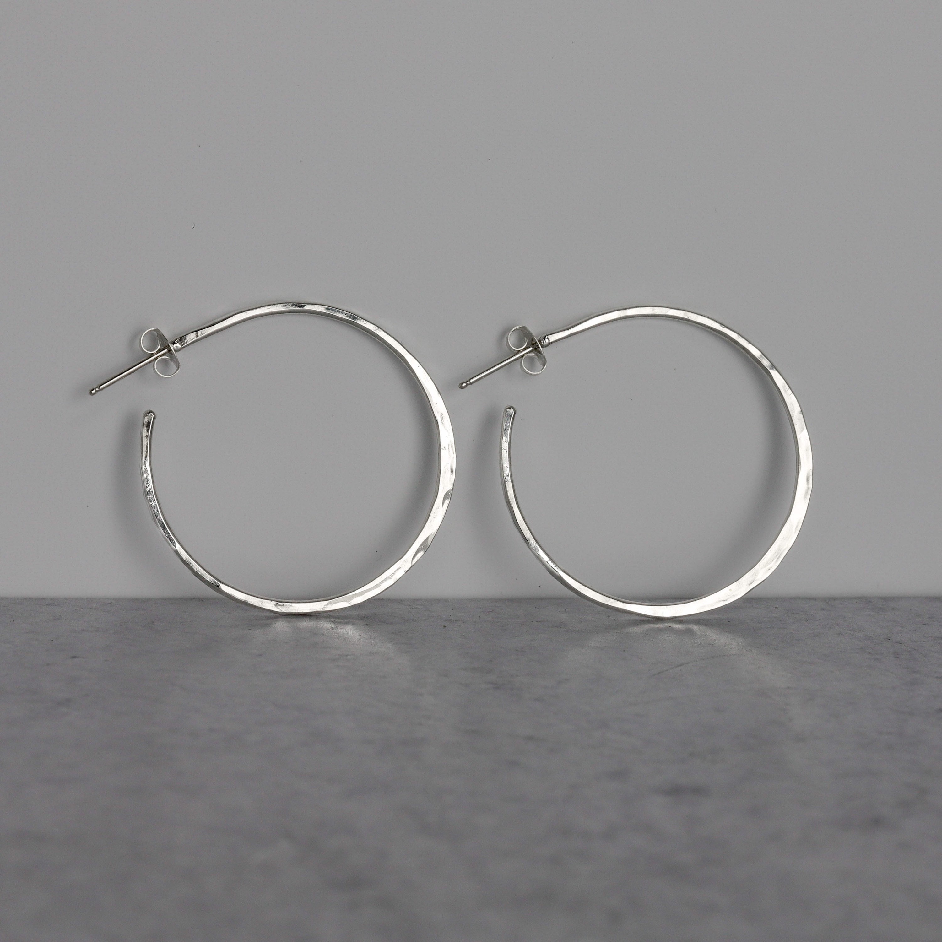Hammered Silver 1.5 Hoop Earrings - Sterling Medium Hoops With Post