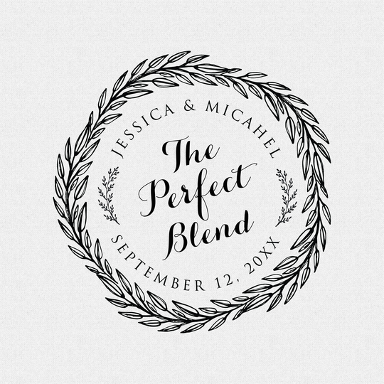 The Perfect Blend Stamp, Wedding Favor, Self Inking Wood Handle, Circle Personalized, Floral, Wreath, Coffee Favors | T439