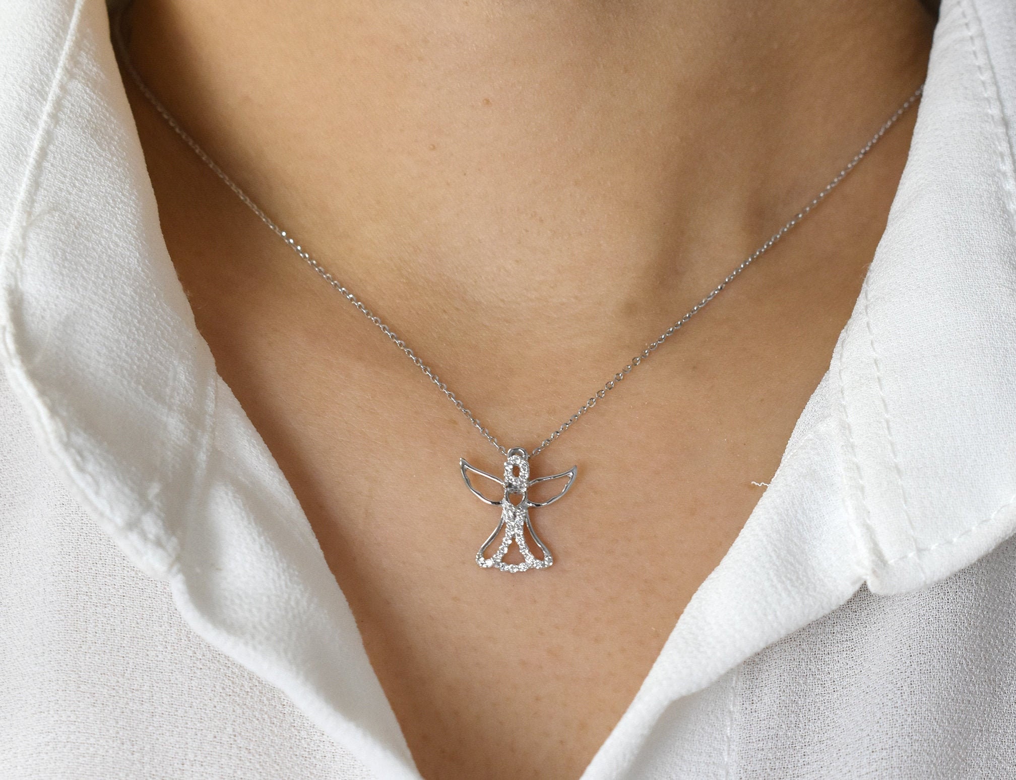 Diamond Angel Wing Necklace in 10K 14K 18K Gold/Guardian Luxury Gift Charm Valentine Jewelry