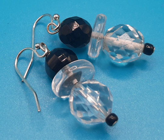 C.1960S Clear & Black Dangle Earrings... Czech Glass Drops... Faceted