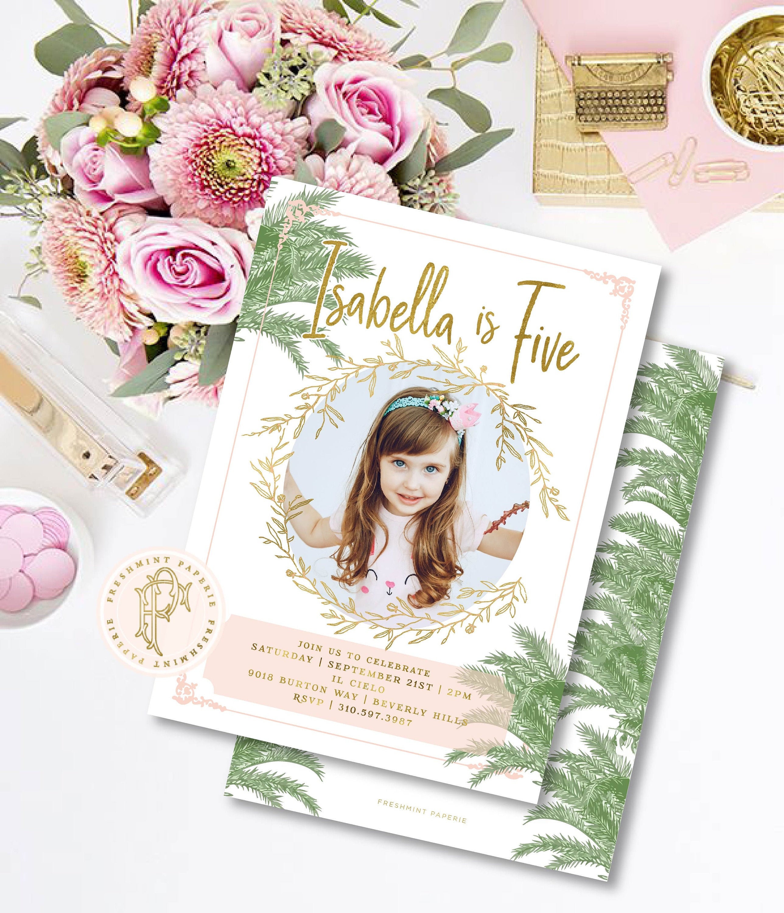 Palm Leaves Invitation - Beverly Hills Hotel Birthday Picture Tropical Invitation Pink