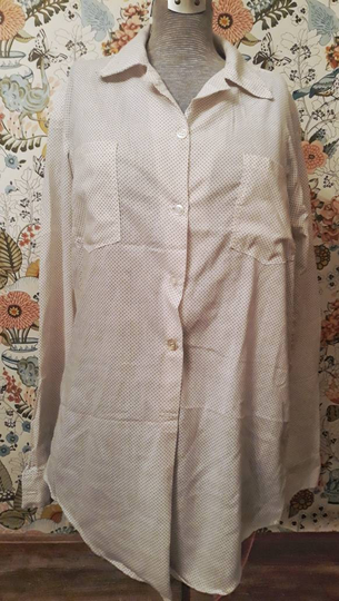 Vintage Hand-Made Men's Shirt. Cotton Blend, White With Brown Dots, Chest Pockets, Long Sleeves, Button-Front. Size L/Large. Free Shipping