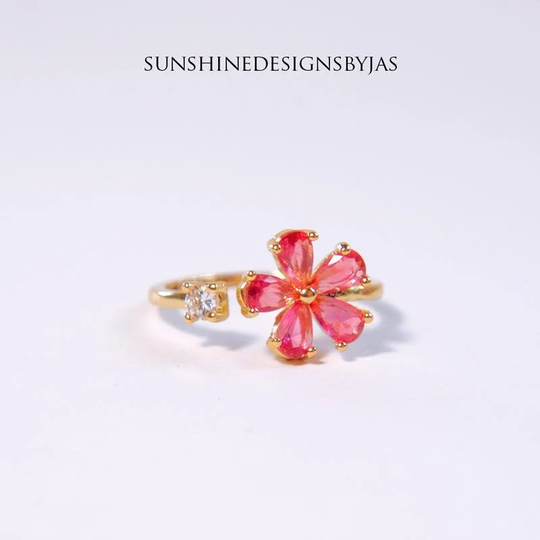 Real 18K Gold Plated Cz Pave Pink Daisy Adjustable Open Front Ring Over Brass/ Sunflower Ring/Ruby Color Flower Ring/ Gift For Her