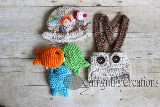 Baby Fisherman Crochet Outfit Hat Gone Fishing Diaper Cover Fishes Set Newborn Fisherman