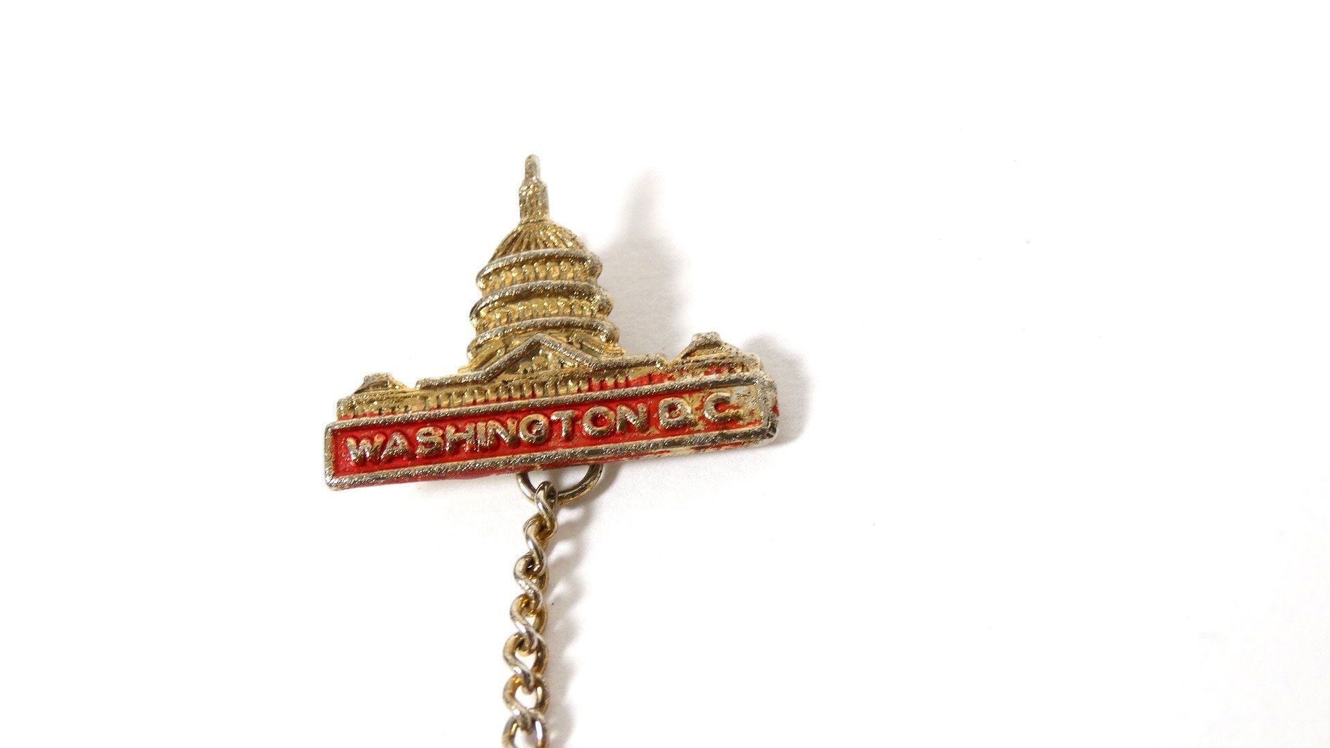 Vintage Washington Dc Pin Tack Aluminum Souvenir Us Capitol Lapel With Chain