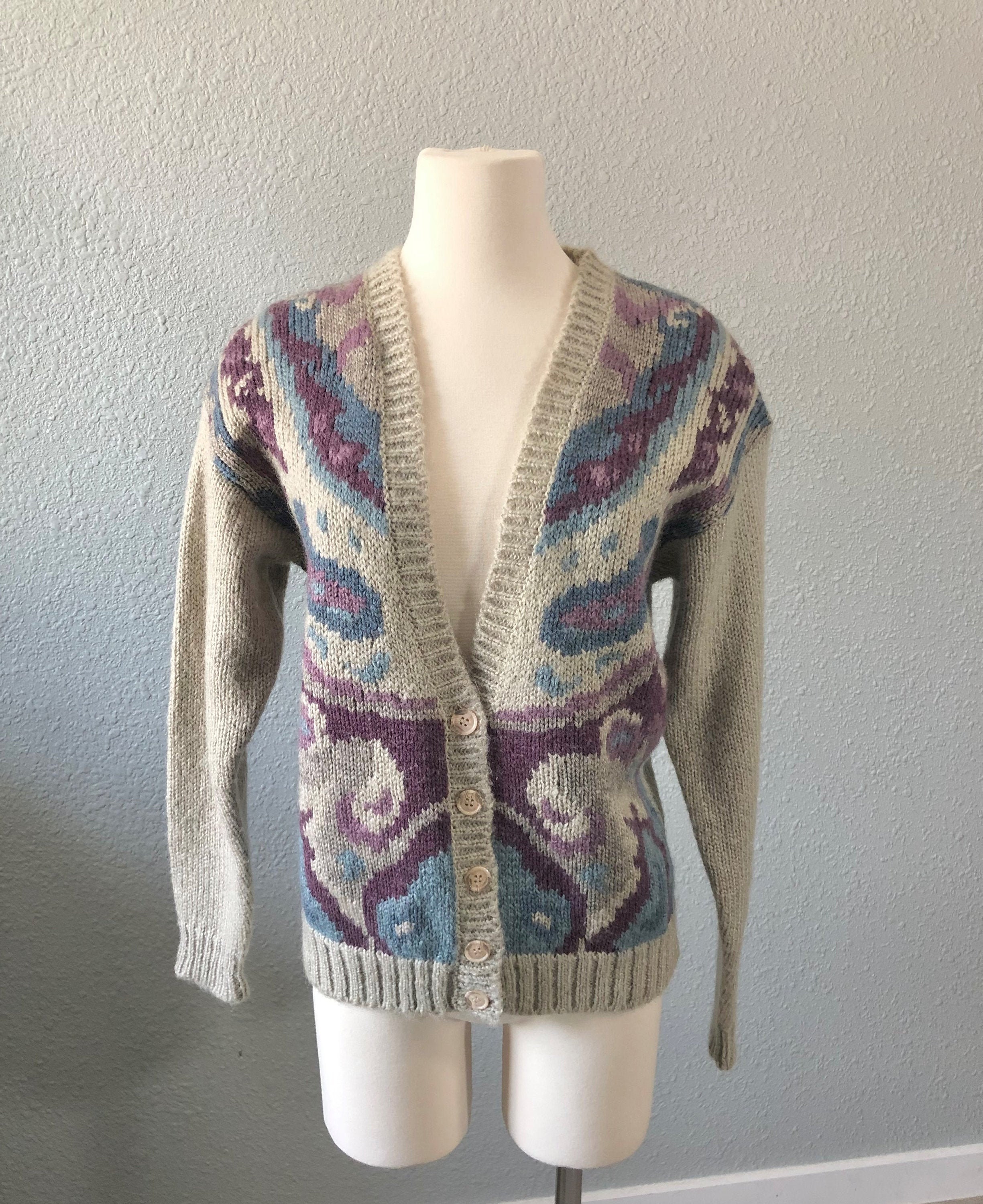 Vintage Russ Cardigan, Mohair Blend Sweater, 80S 90S Retro Boyfriend Gray Purple Blue Deep V Cozy Fuzzy Sweater Size S