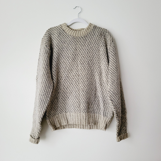 Vintage Wool Blend Fisherman's Sweater. Gray & Navy Dotted Knit Crewneck. Warm Camping Sweater For Layering. Minimalist Normcore