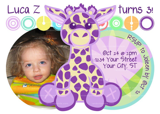 Digital Delivery, Purple Giraffe Party Invitation, Baby Shower Announcement