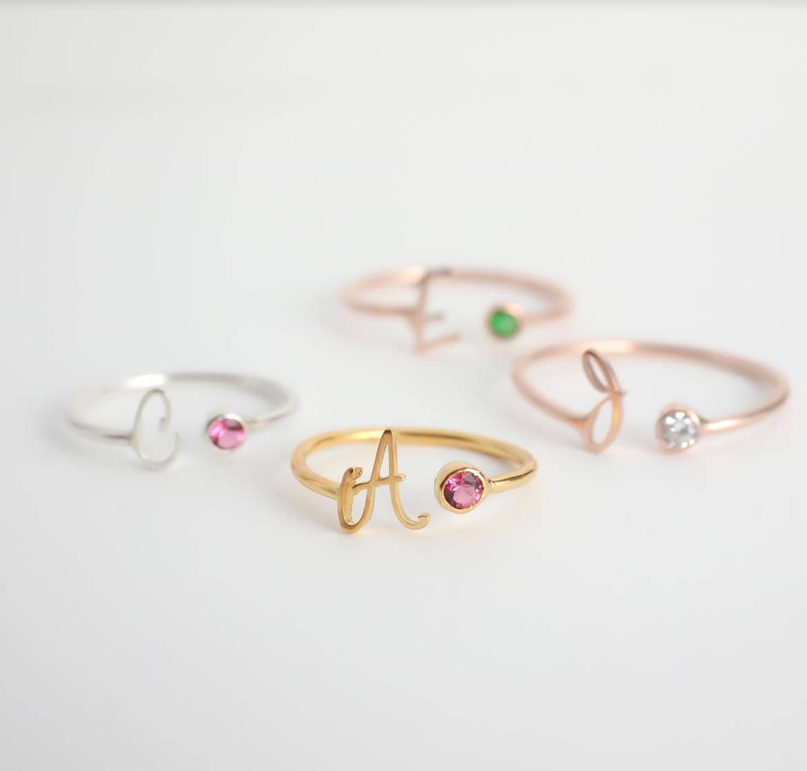 Initial Birthstone Ring - Custom Name Gemstone Stacking Rings Dainty Graduation Gift Bridesmaids Mother