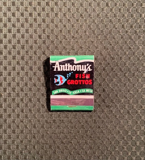 Vintage Matchbook, Anthonys Fish Grotto, Seafood, Restaurant La Mesa, Jolla, California, Front Strike, Missing Matches, Free Ship Usa