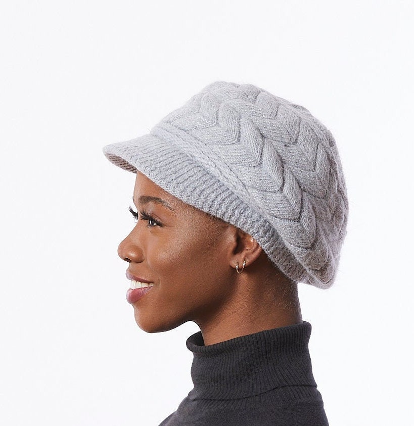 Grey Knit Cap, Angora Wool Blend Hat, Gray Winter Hat With Bill
