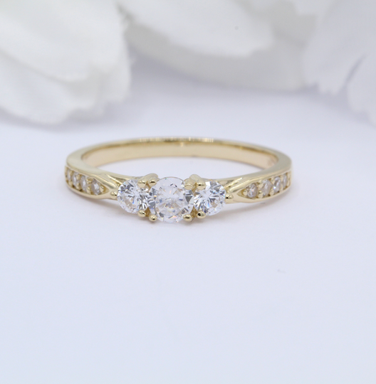 0.25Ct Diamond Cz Round Three Stone Art Deco Vintage Ring Solid 14K Rose Gold White Wedding Engagement Anniversary Bridal Gift