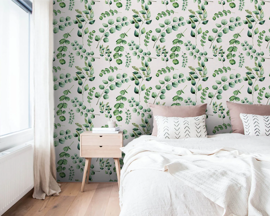 Eucalyptus Twigs Wallpaper, Removable Green White Leaves Botanical Boho Decor