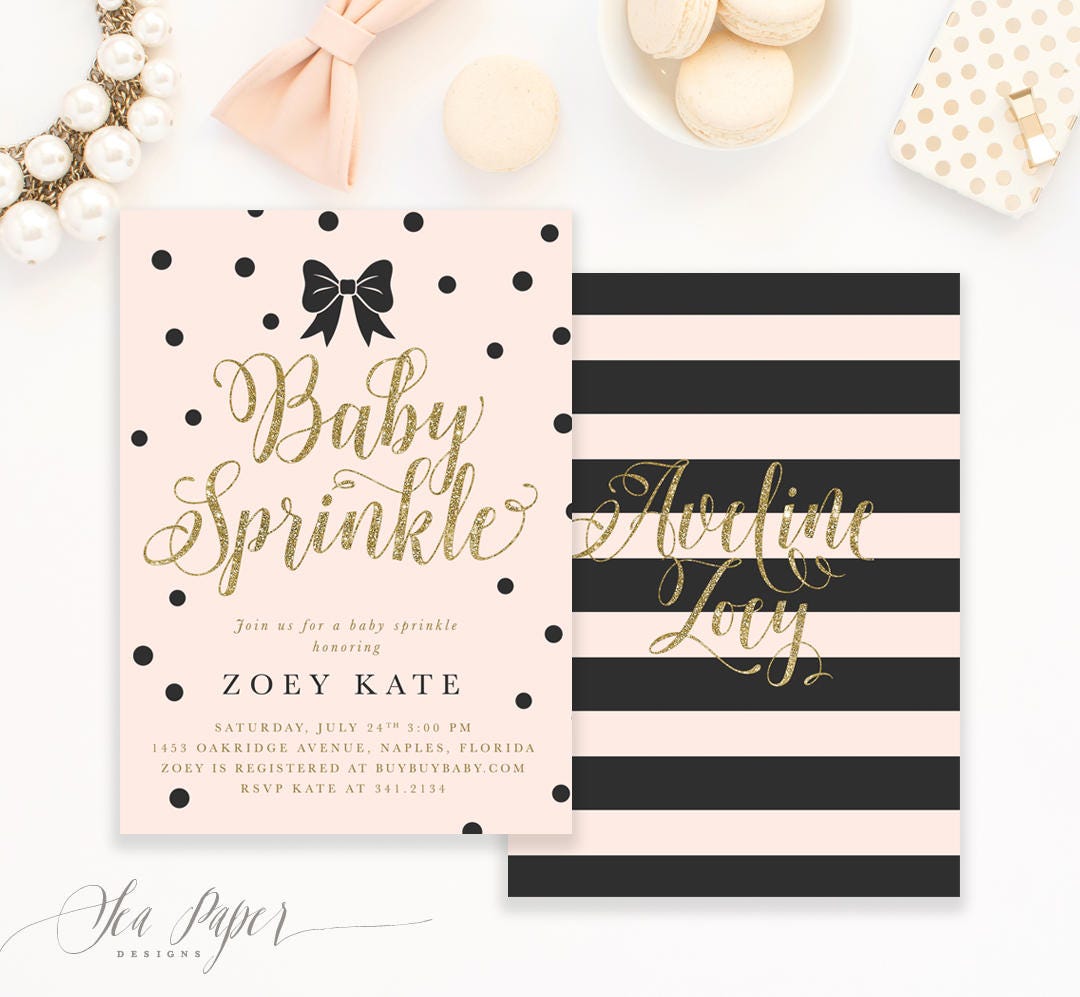 Girl Baby Sprinkle Shower Invitation Pretty Black Bow, Confetti Dots, Blush Pink & Gold. Printed Or Digital - Zoey