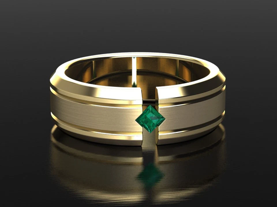 Emerald Mens Wedding Ring, 7mm Band, Comfort Fit Brushed Finish Unisex, Yellow Gold Ring