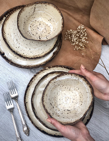 Rustic Dinnerware Set, Stoneware Dinner Side Snack Plates, Serving Pottery Tableware, Salad Pasta Soup Bowls, Modern Ceramic Art By Manya