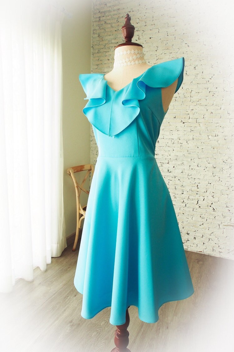 Blue Bridesmaid Dress Prom Ruffle V Neck Formal Vintage Inspired Party Evening Gown Fit & Flare Graduation Dress - Blake