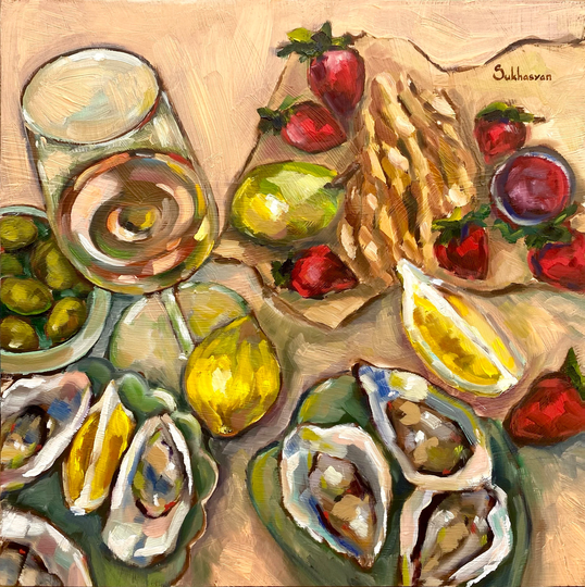 Still Life With Wine, Oysters, Strawberries & Lemons. Original Oil Painting On Wood Panel 14x14 Inches | 35x35 cm. Contemporary Art