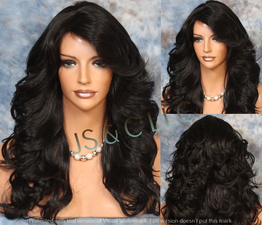 Black Human Hair Blend Lace Front Wig Full Long Curly With Bangs Heat Safe Cancer Alopecia Theater