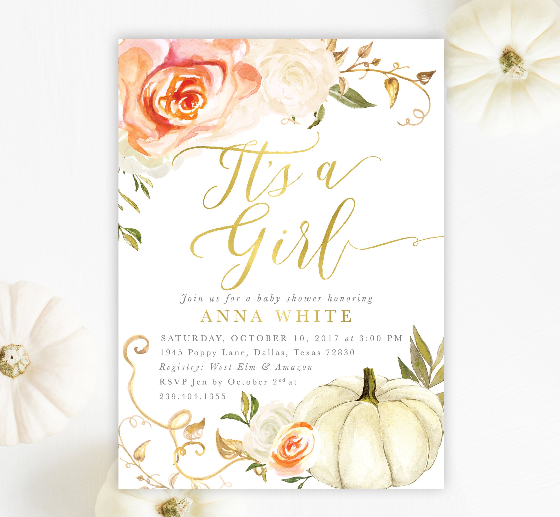 Fall Girl Baby Shower Invitation, Pumpkin Invite, It's A Autumn Orange Roses, Printed/Printable - 3