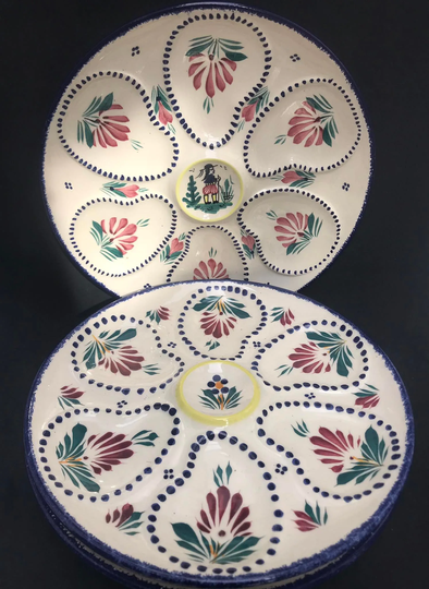 Oyster Plates Hb Quimper Set 3 French Majolica Faience Vintage Hand Painted Faience Rare Seafood Seaside Decor Beach Flowers