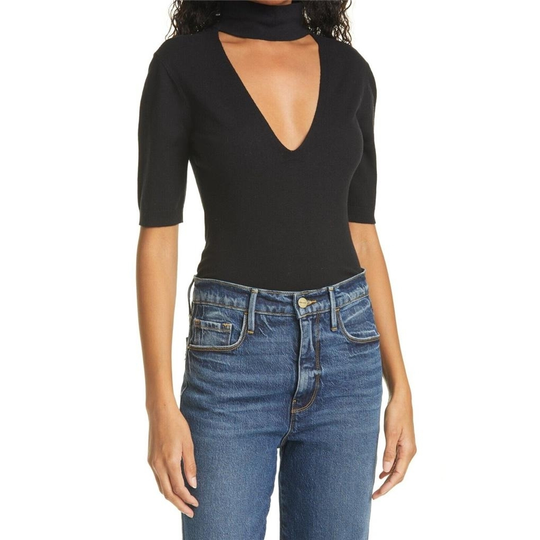Frame Cutout Silk Blend Knit Choker V Neck Shirt Top Blouse Black M $278 Used