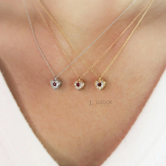 Pave Diamond Heart Necklace 14K Solid Gold Ruby Layering Valentine's Gift For Her Women Girl Friend Present