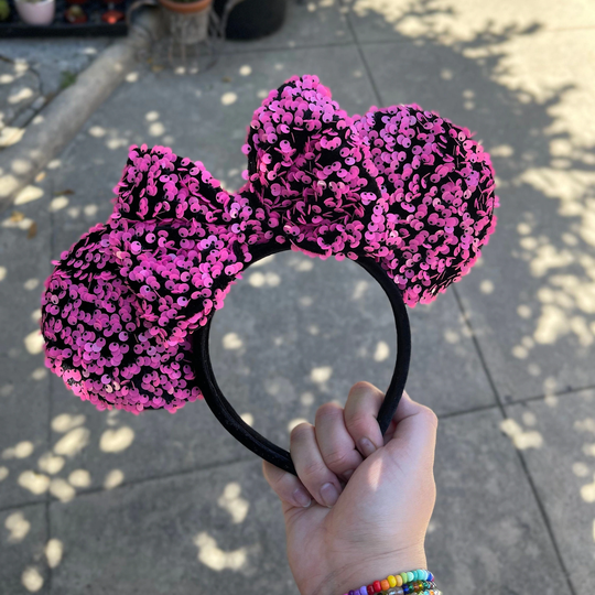 Neon Pink Sequin With Black Velvet Mouse Ears