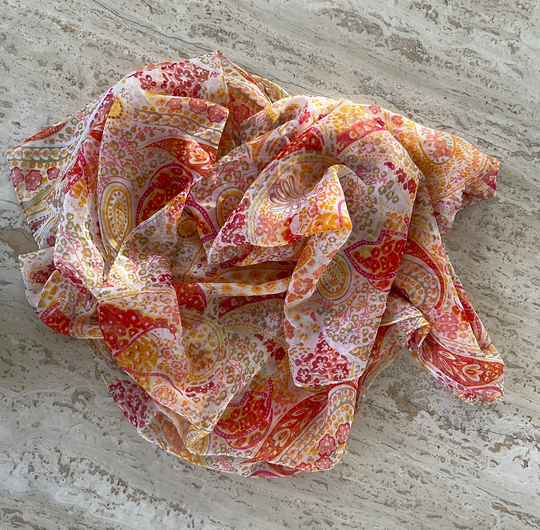 Orange Silk Blend Sheer Paisley Large Oblong Scarf Chiffon