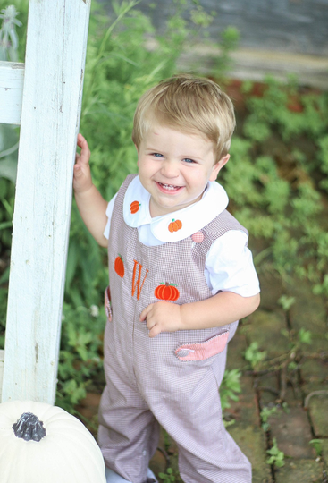 Boy Pumpkin Monogram Longall, Monogrammed Outfit Gift, Thanksgiving Orange Brown Gingham Fall Jon