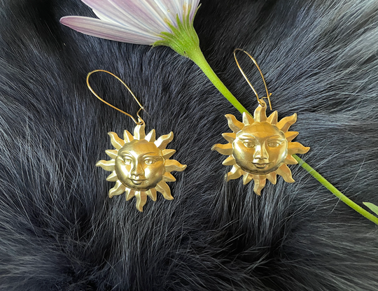 Medium Gold Brass Sun Face Earrings, Handmade, Plated Kidney Ear Wires